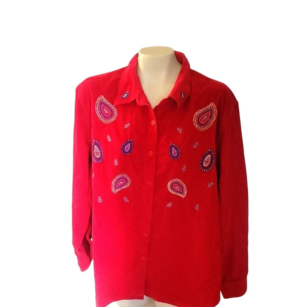 Red Paisley Embroidered Button Down Shirt‎ Long Sleeve Blouse Top